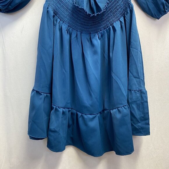 iGENJUN Off Shoulders Lantern Sleeve Smocked Backless A-Line Dress Women L Blue - Picture 13 of 16